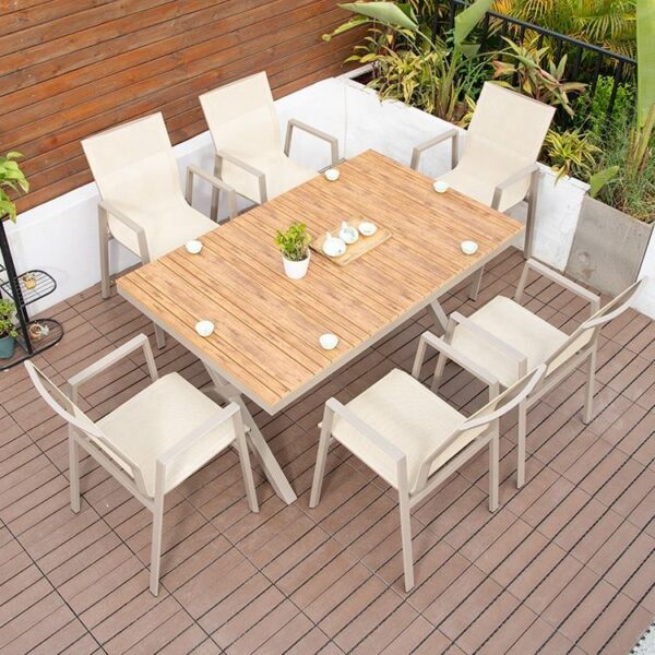 Polywood Dining Set Outdoor Waterproof Patio Garden Bistro beige Table Sets 6pcs Chairs Outdoor Restaurant Furniture outdoor furniture manufactuer in China