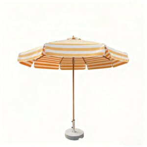 yellow striped patio umbrella with marble base
