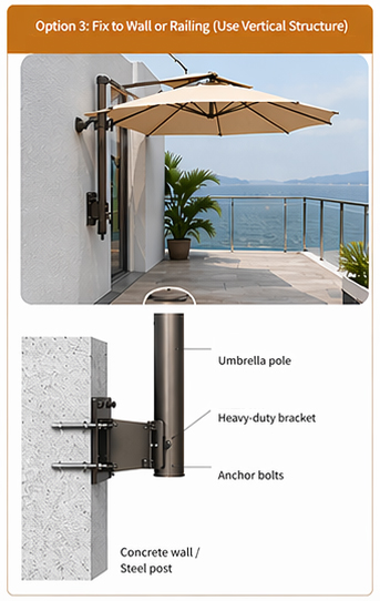 cantilever umbrella installation on decking Wall or Column Mount for cantilever umbrella installation on decking