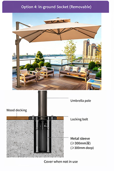 Cantilever umbrella base-free installation methods on wooden deck In-ground socket system for cantilever umbrella installation on decking